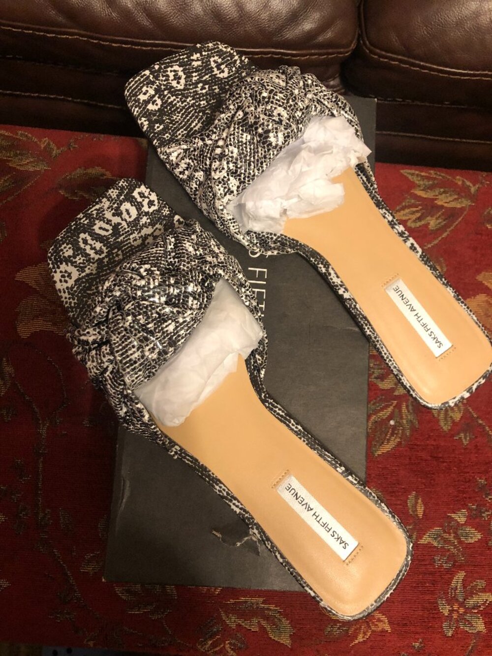 Saks Fifth Avenue Eve Snakeskin Print Knot Flat Slide Sandals Size 10 NWB